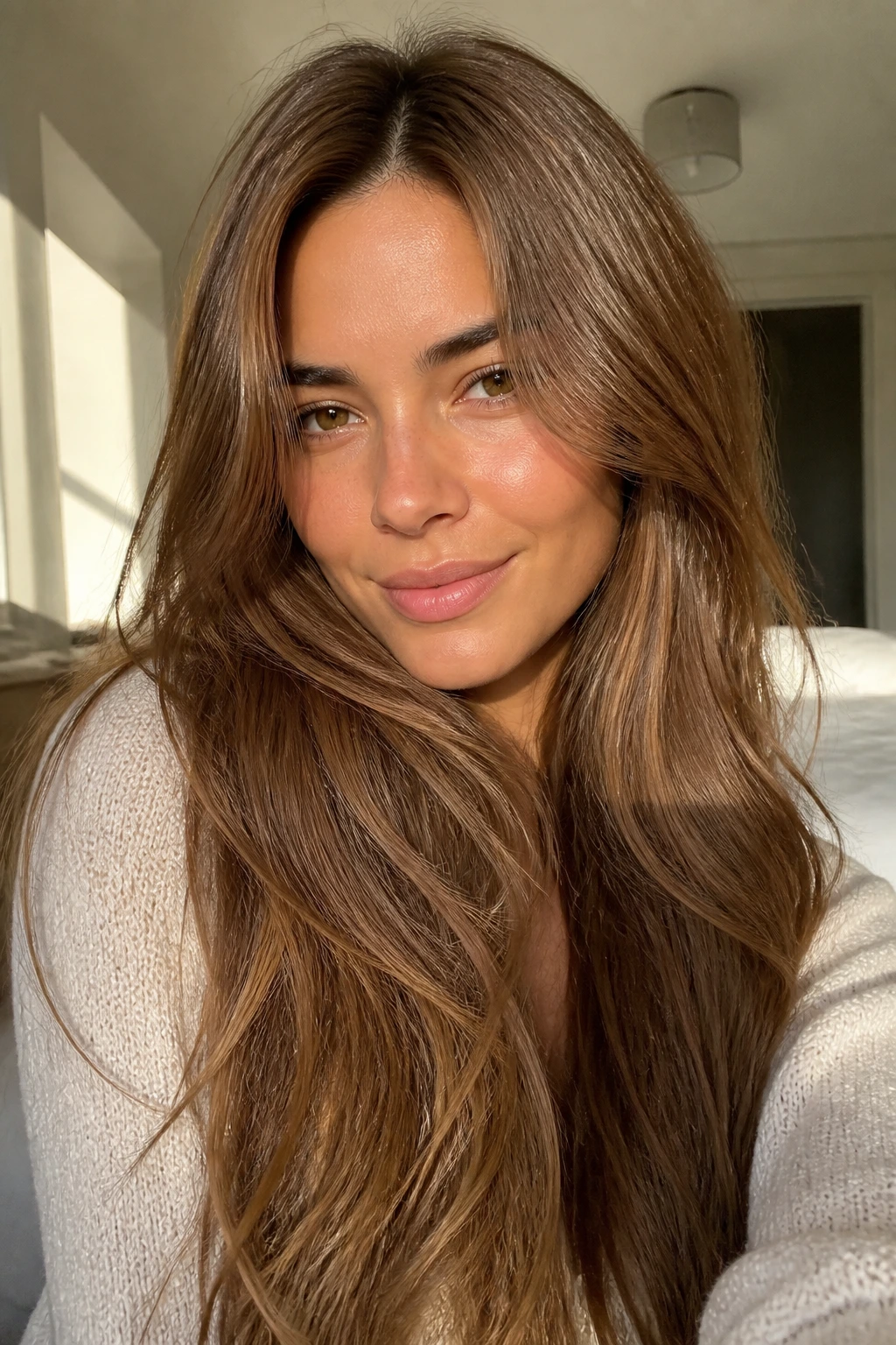 Close-up portrait of a real person with warm honey brown hair under soft daylight