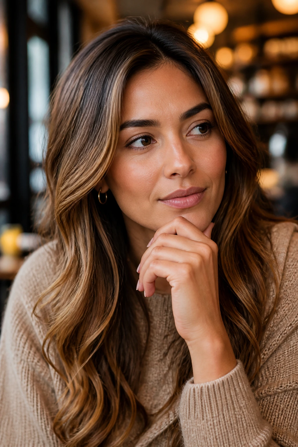 Thoughtful woman with honey brown hair in warm cafe setting