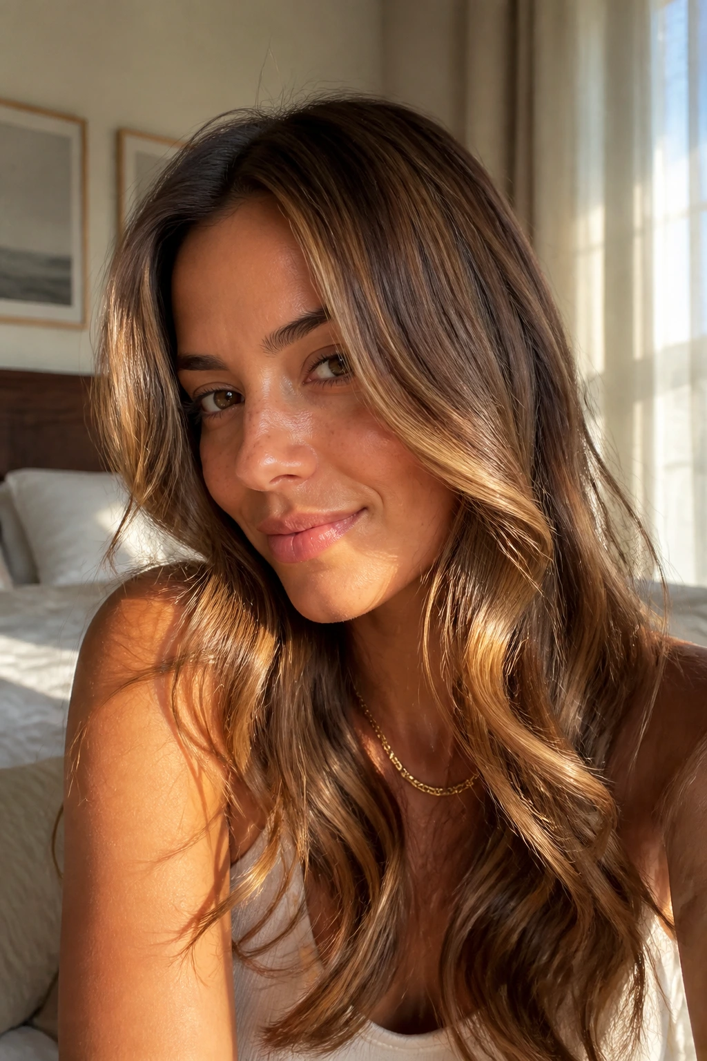 Close-up portrait of a real woman with honey brown hair in warm bedroom light