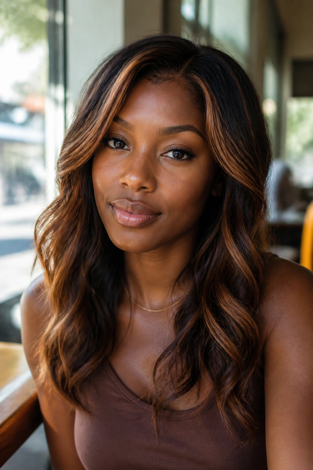 Close-up of honey brown highlights around crown and temples in sunlit setting