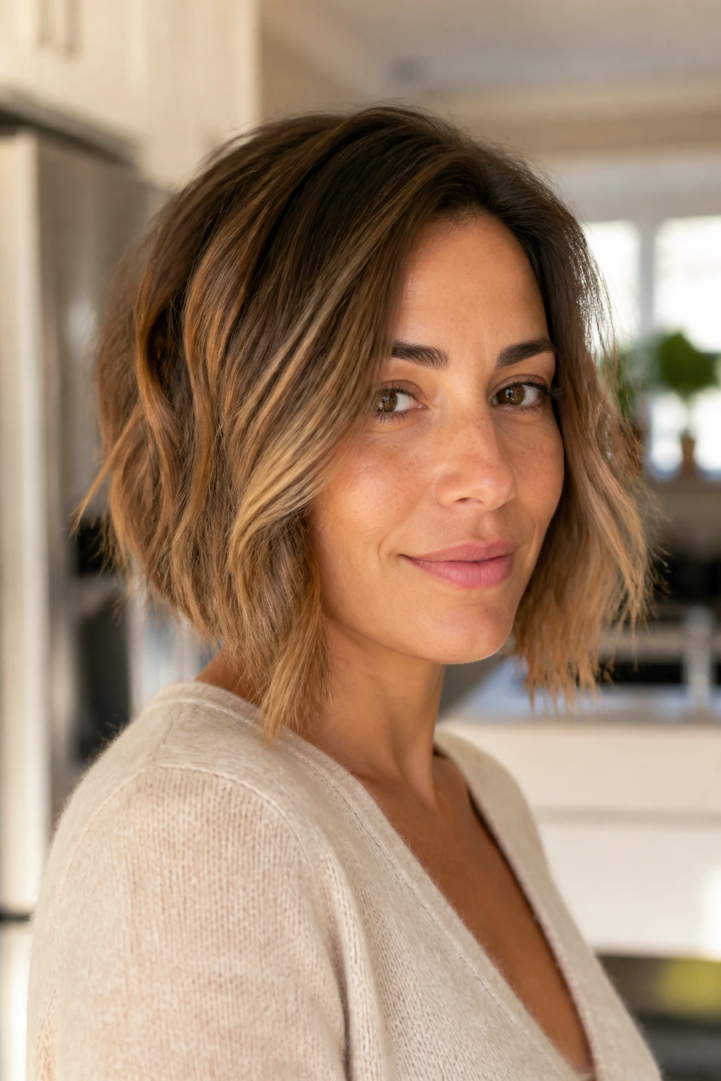 Close-up of a real woman with a honey-brown inverted bob and root shadow