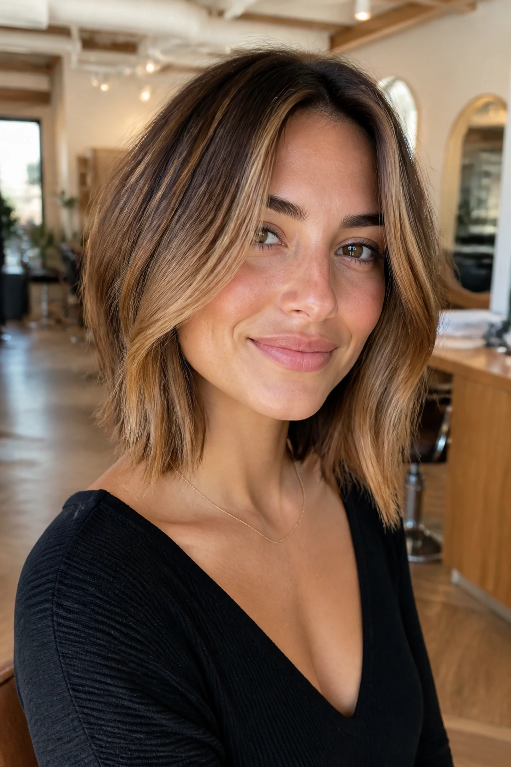 Portrait of a woman with honey brown lob and shadow root