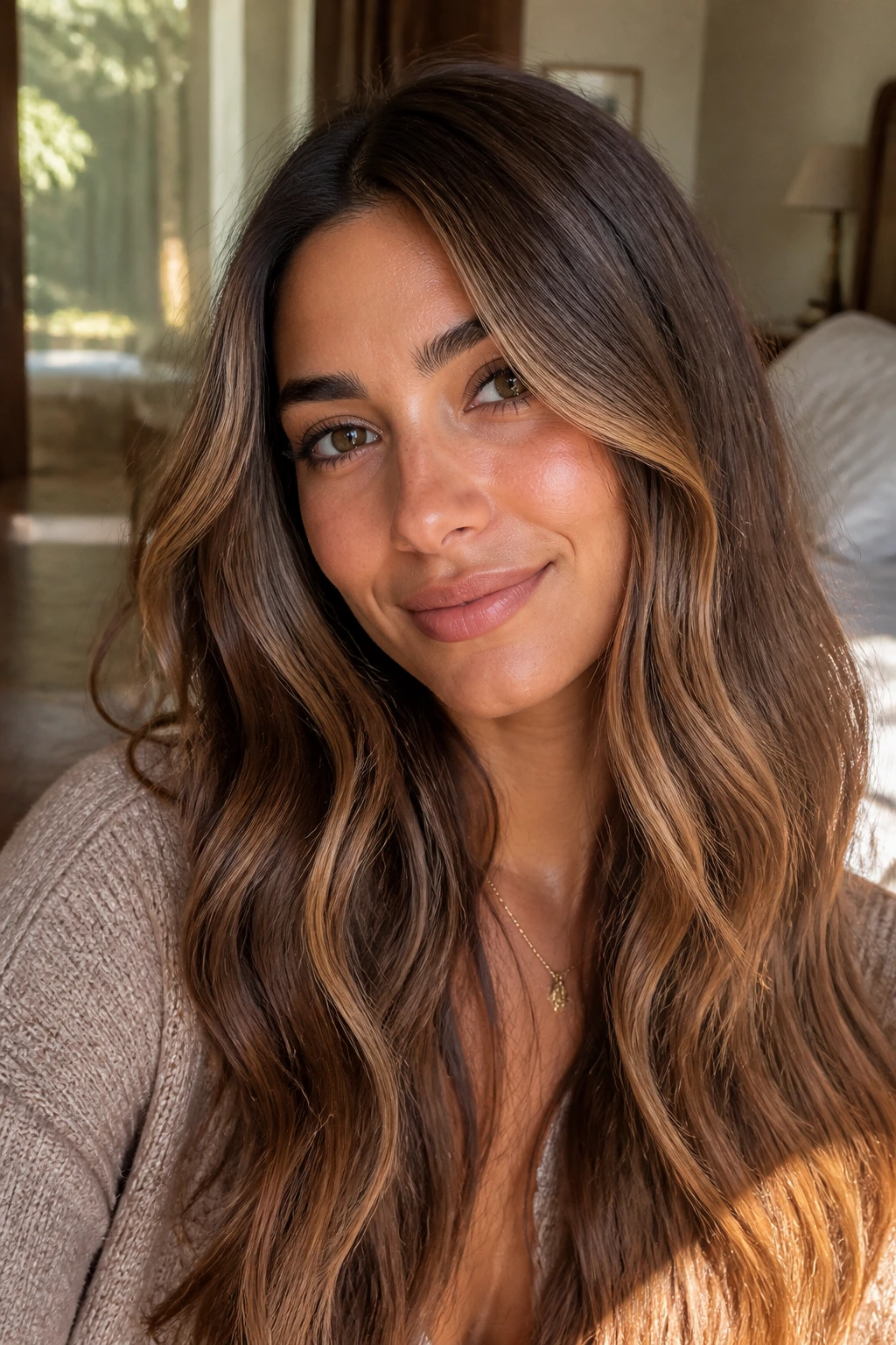 Close-up portrait of a real person with honey brown ribbons woven into soft waves around the face