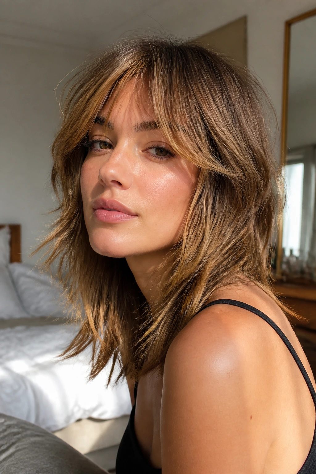 Close-up of a real person with honey brown shag hairstyle