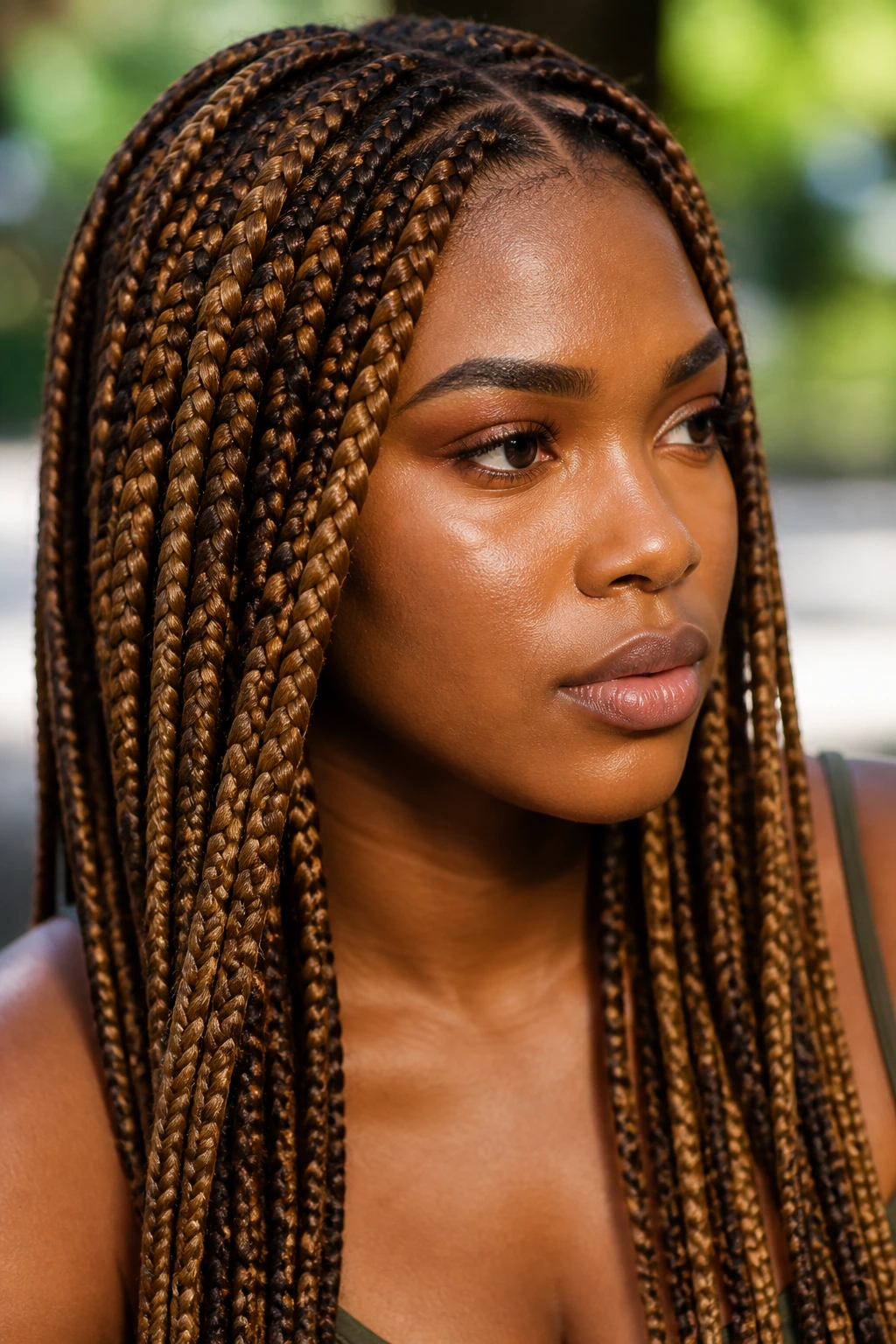 Deep-skinned person with honey brunette braids filling the frame
