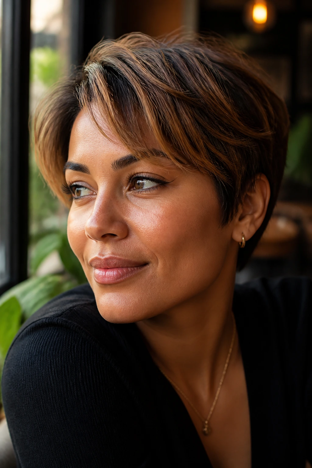 Close-up portrait of a real woman with a honey brunette short crop in warm window light