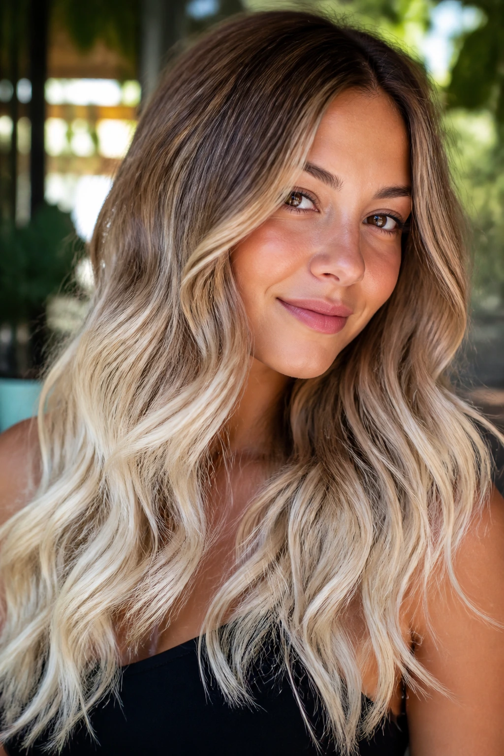 Close-up portrait of a woman with honey-brunette to platinum waves