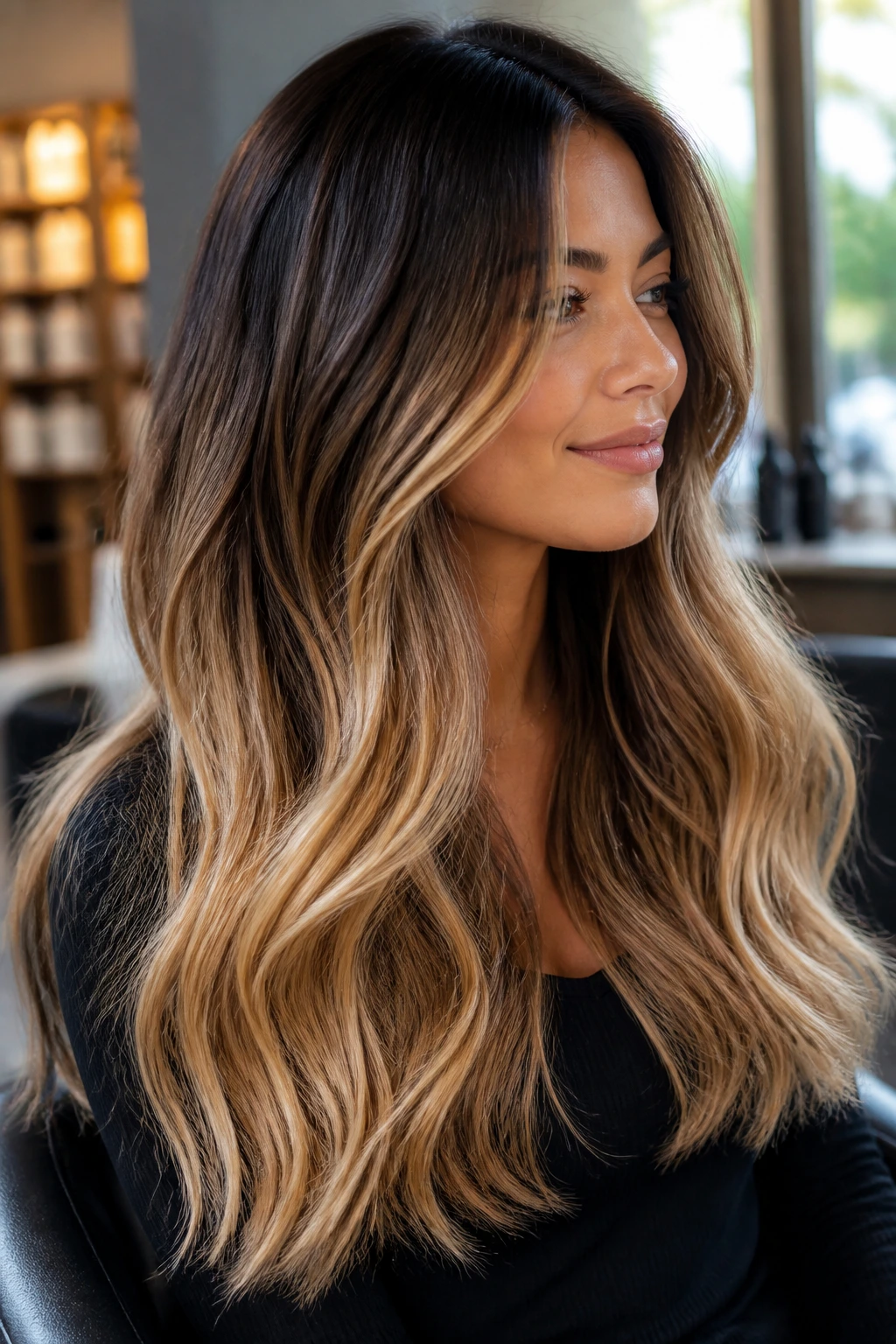 Close-up brunette with three-tone honey gradient from roots to ends