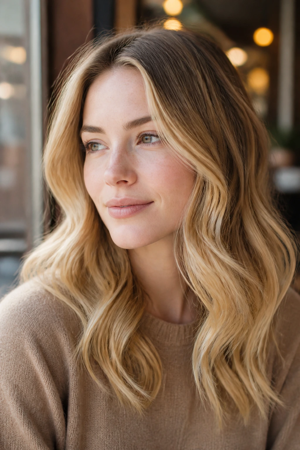 Close-up of a woman with honey butter balayage in soft waves at a cafe window