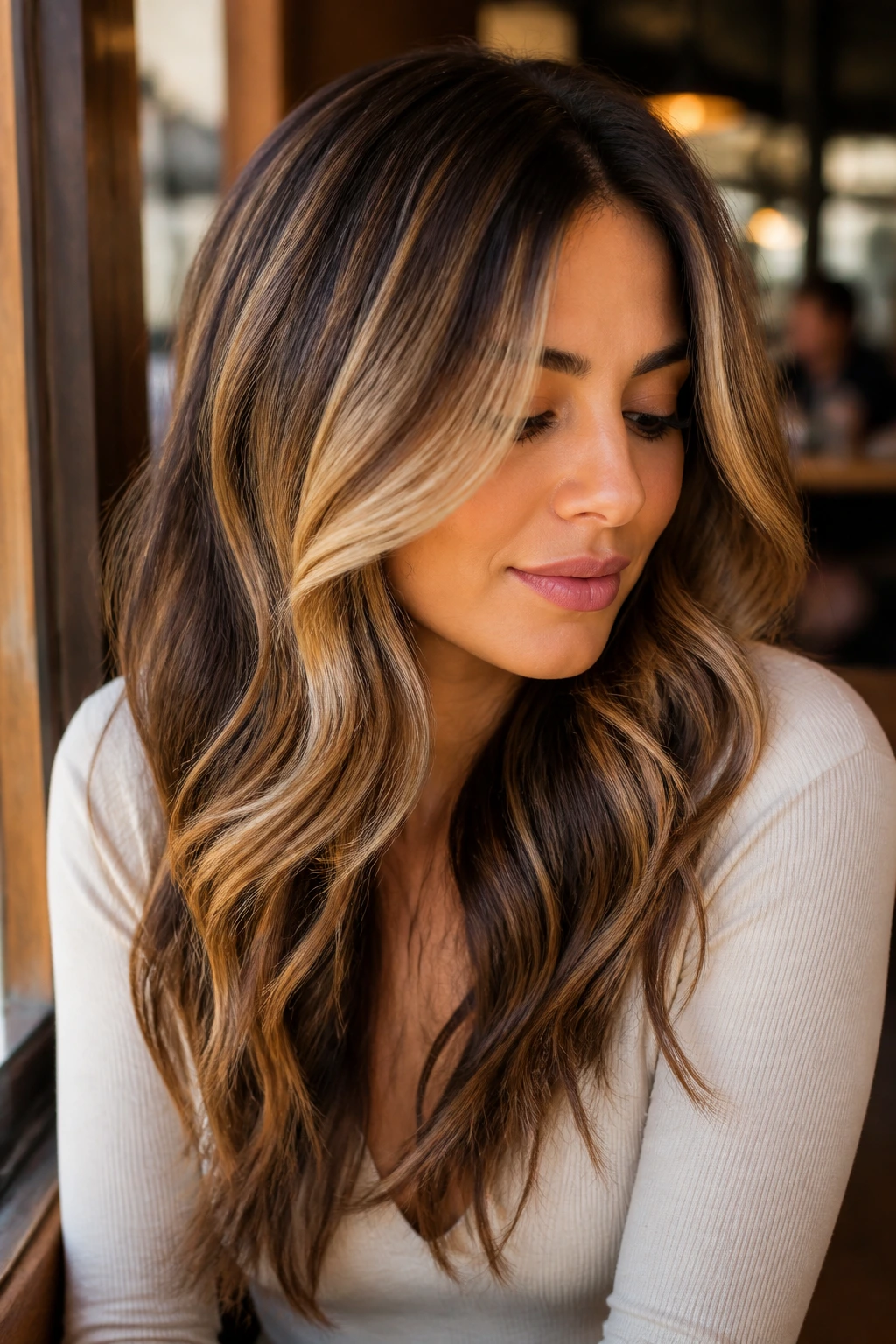 Brunette with honey blonde balayage and dark lowlights creating dimension