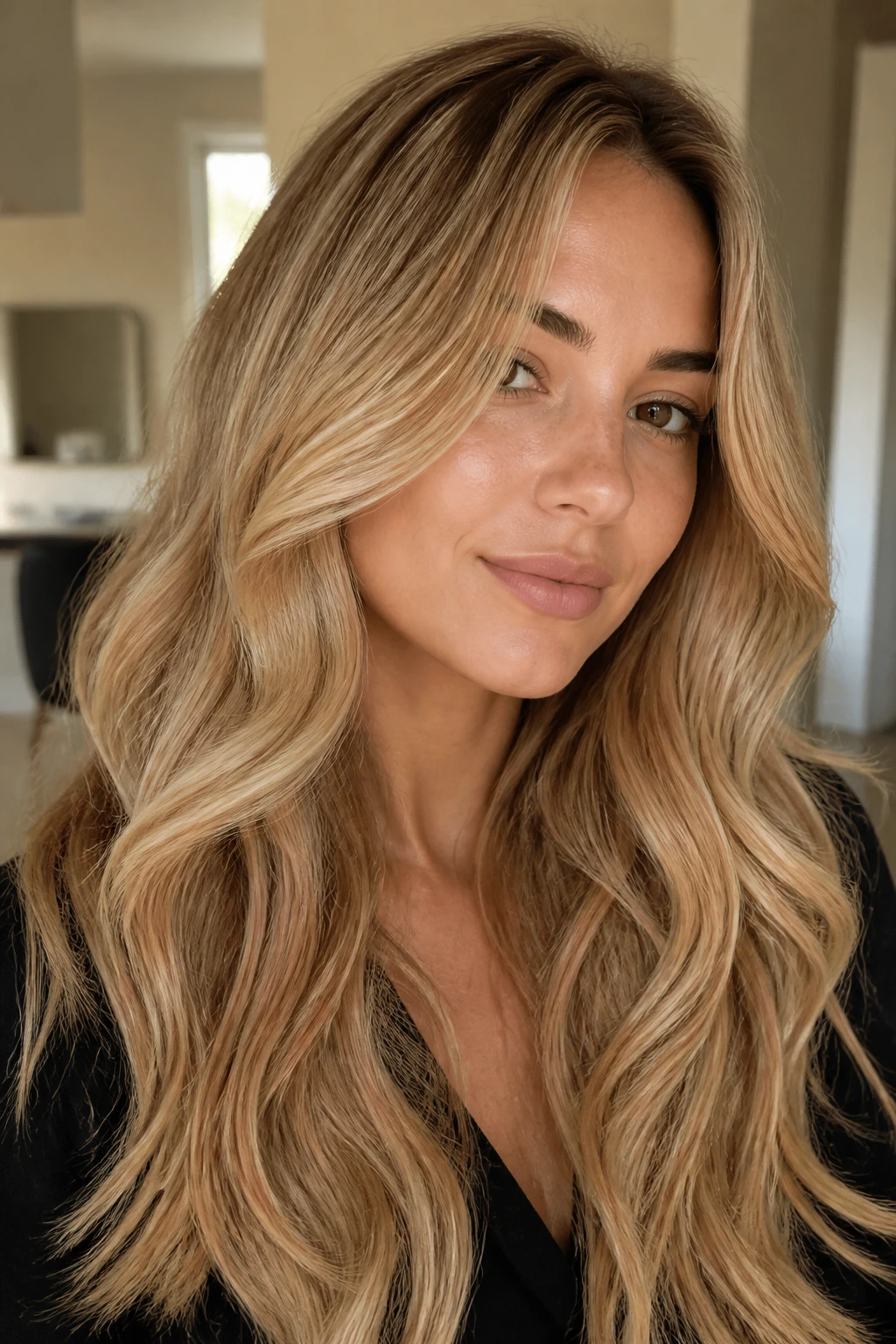 Portrait of a woman with honey butter blonde hair in soft warm light