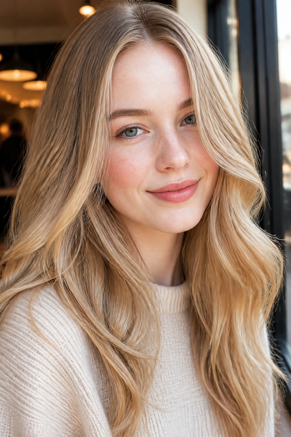 Close-up of a woman with honey butter blonde hair in warm light