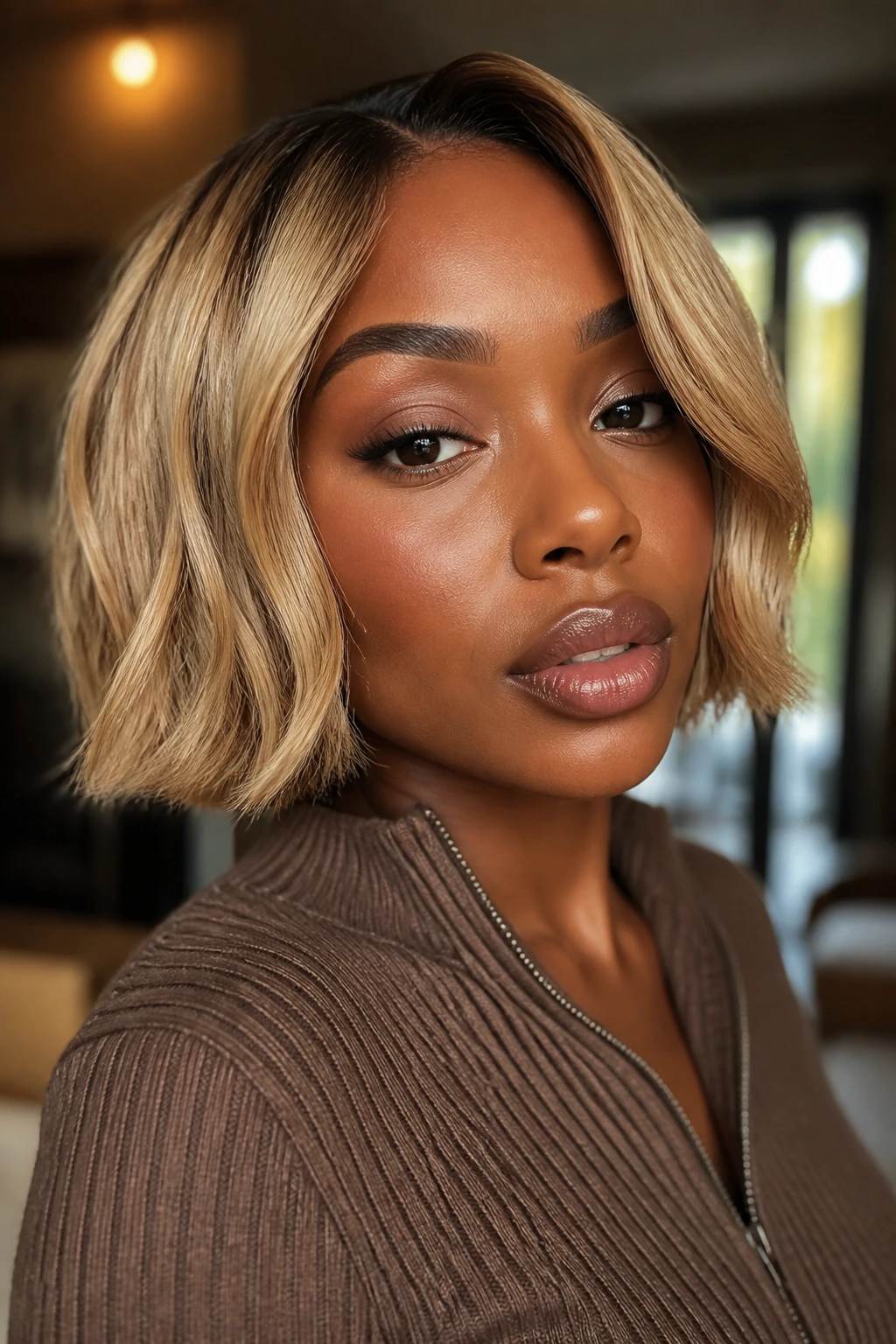Close-up portrait of a person with a honey butter blonde textured bob.