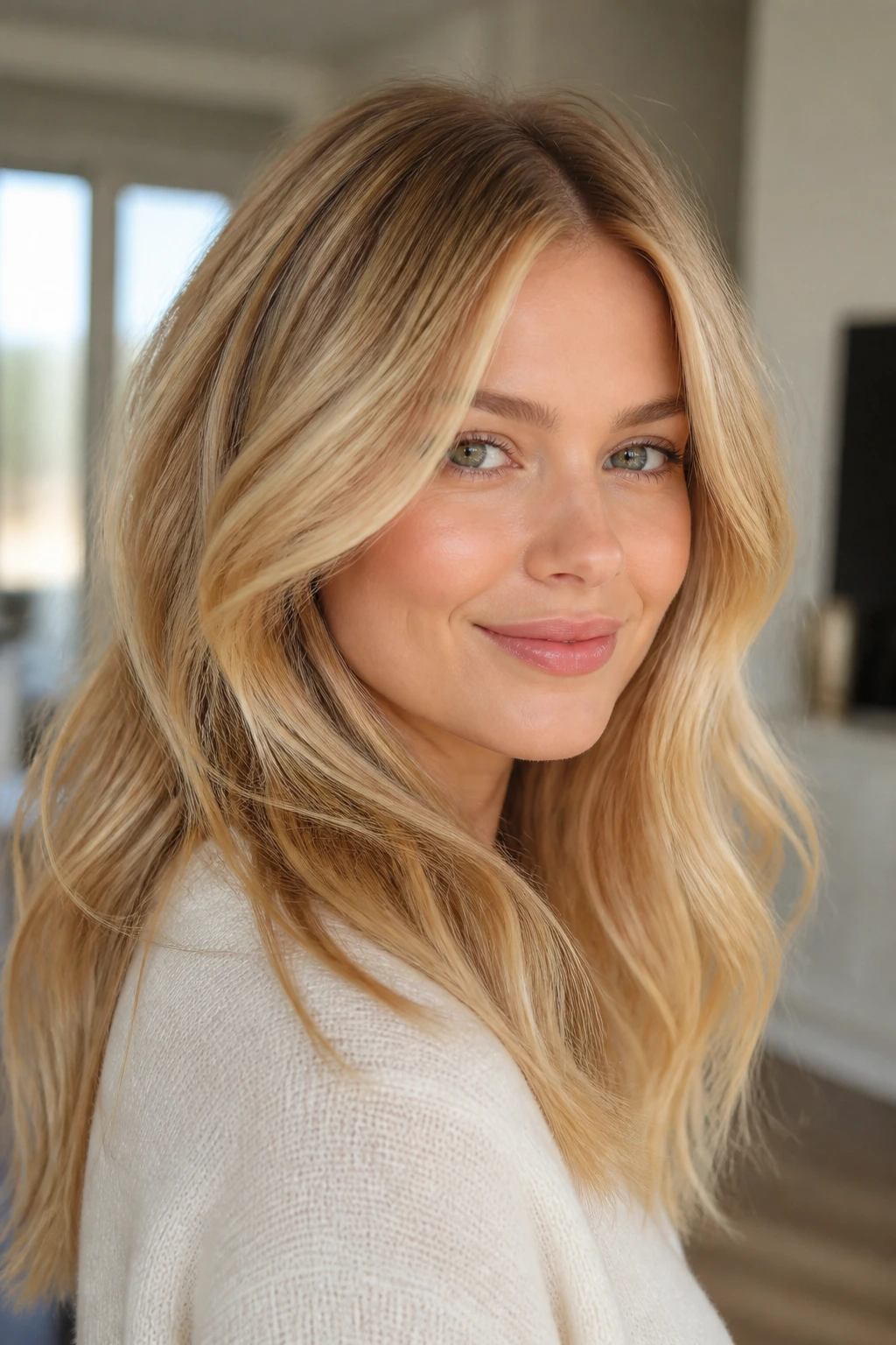 Close-up of a real woman with honey butter blonde in a sunlit room