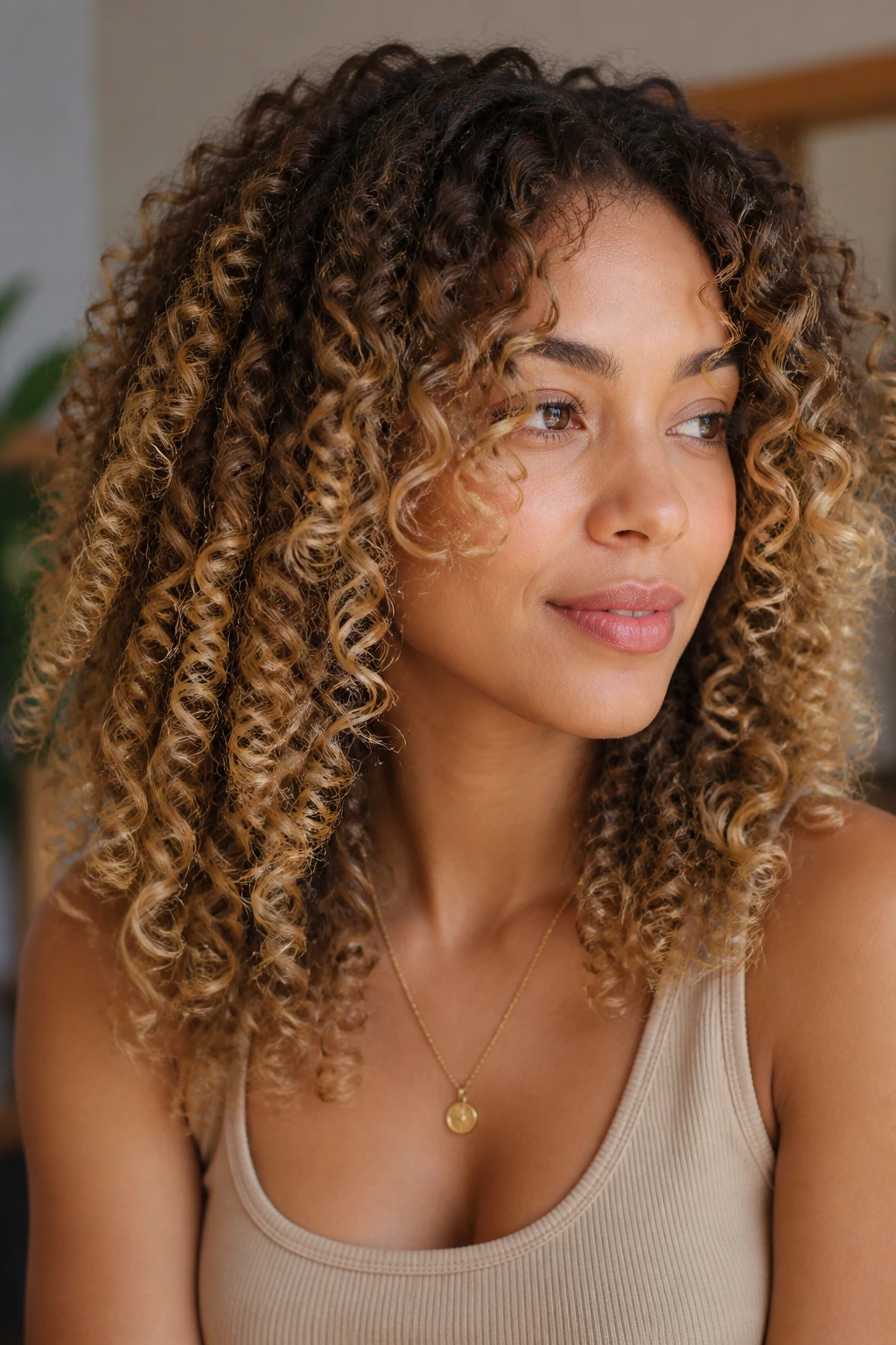 Close-up of 3B curls with honey butter babylights