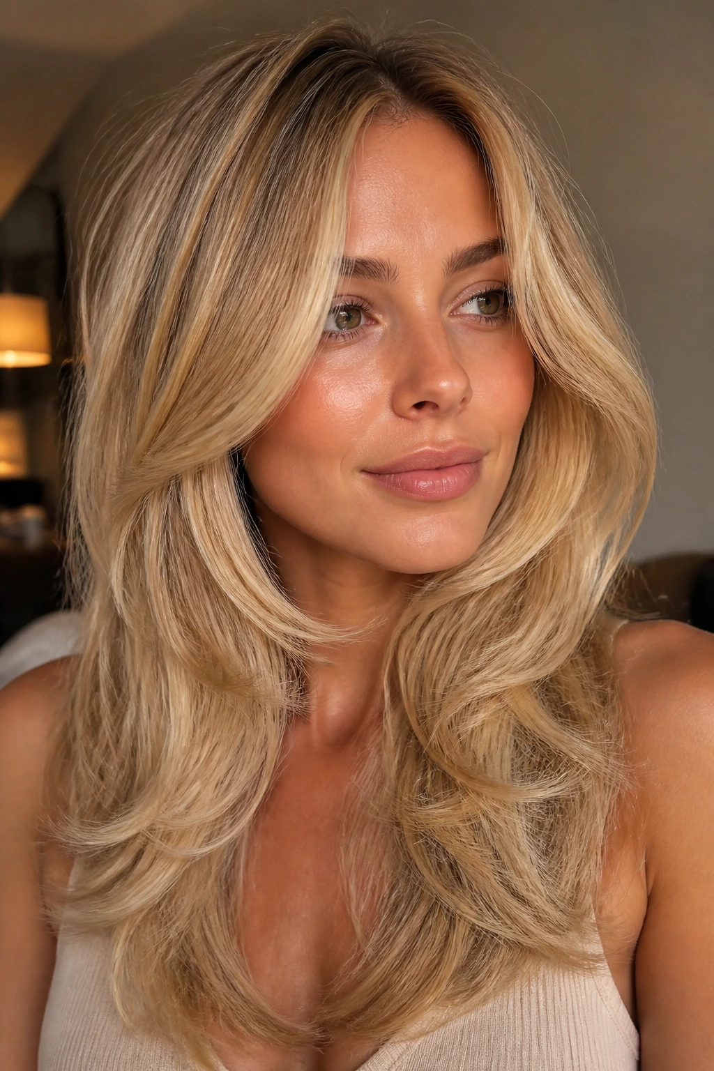 Portrait of a woman with honey butter layered hairstyle with collarbone-skimming layers in warm light.