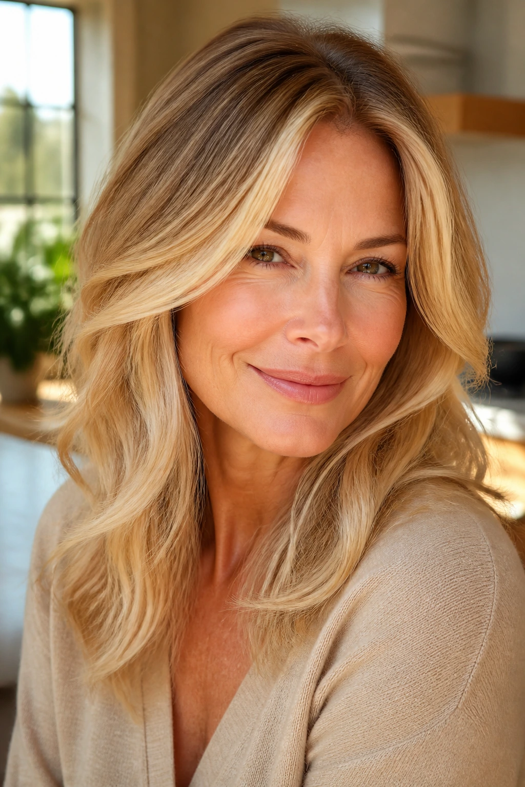 Close-up portrait of a real woman with honey butter melt hair in warm light.