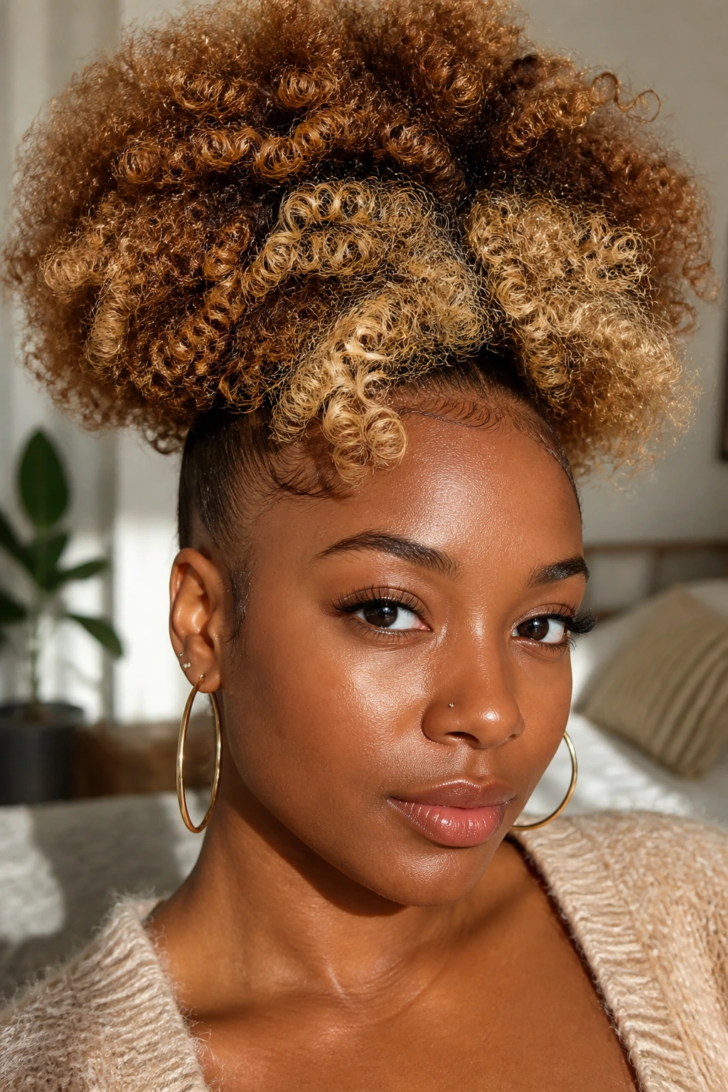 Close-up of honey butter puff hairstyle framing the face on deep skin