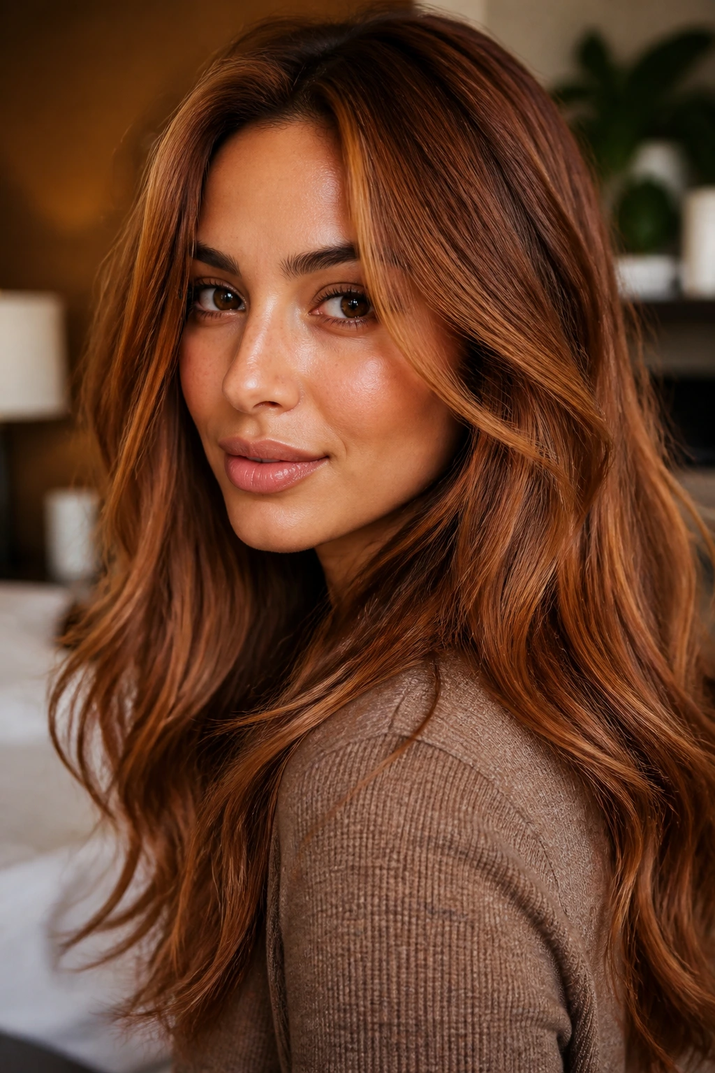 Close-up of a woman with auburn-toned honey caramel hair on olive skin