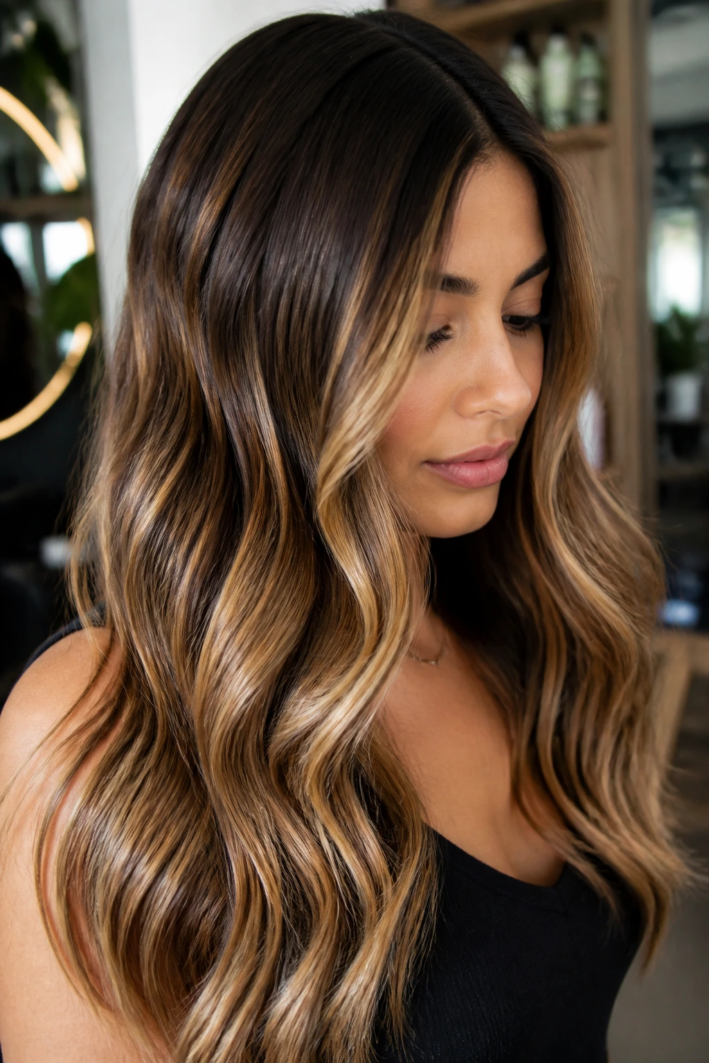 Close-up of honey caramel balayage on a real person with warm lighting