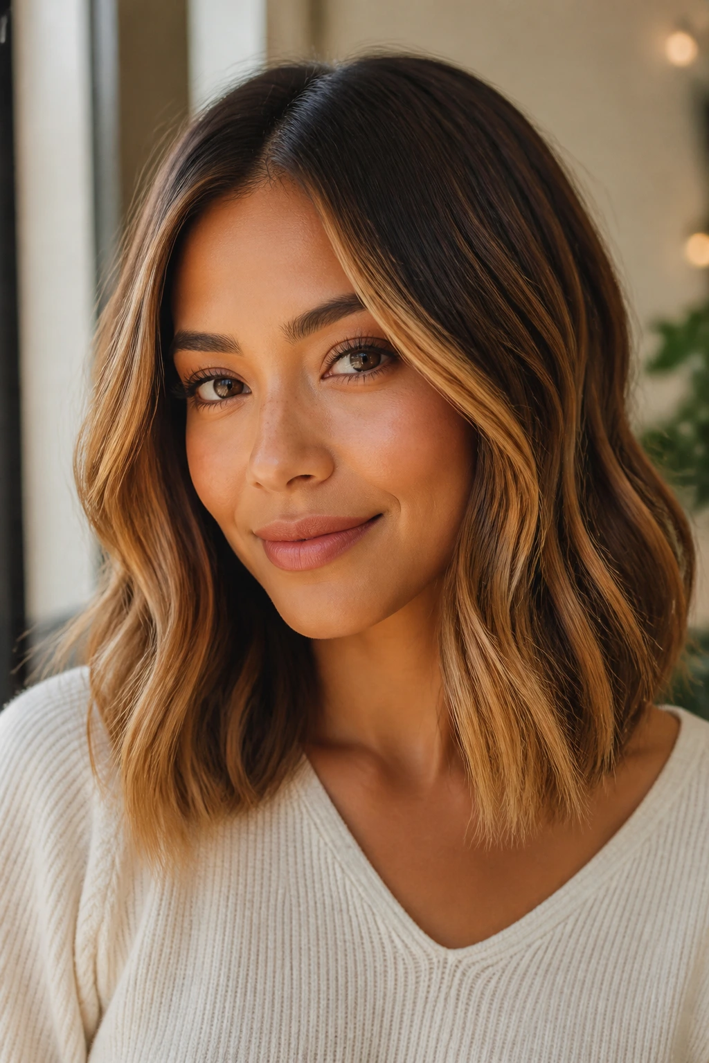 Close-up of a real woman with honey caramel balayage lob in soft waves