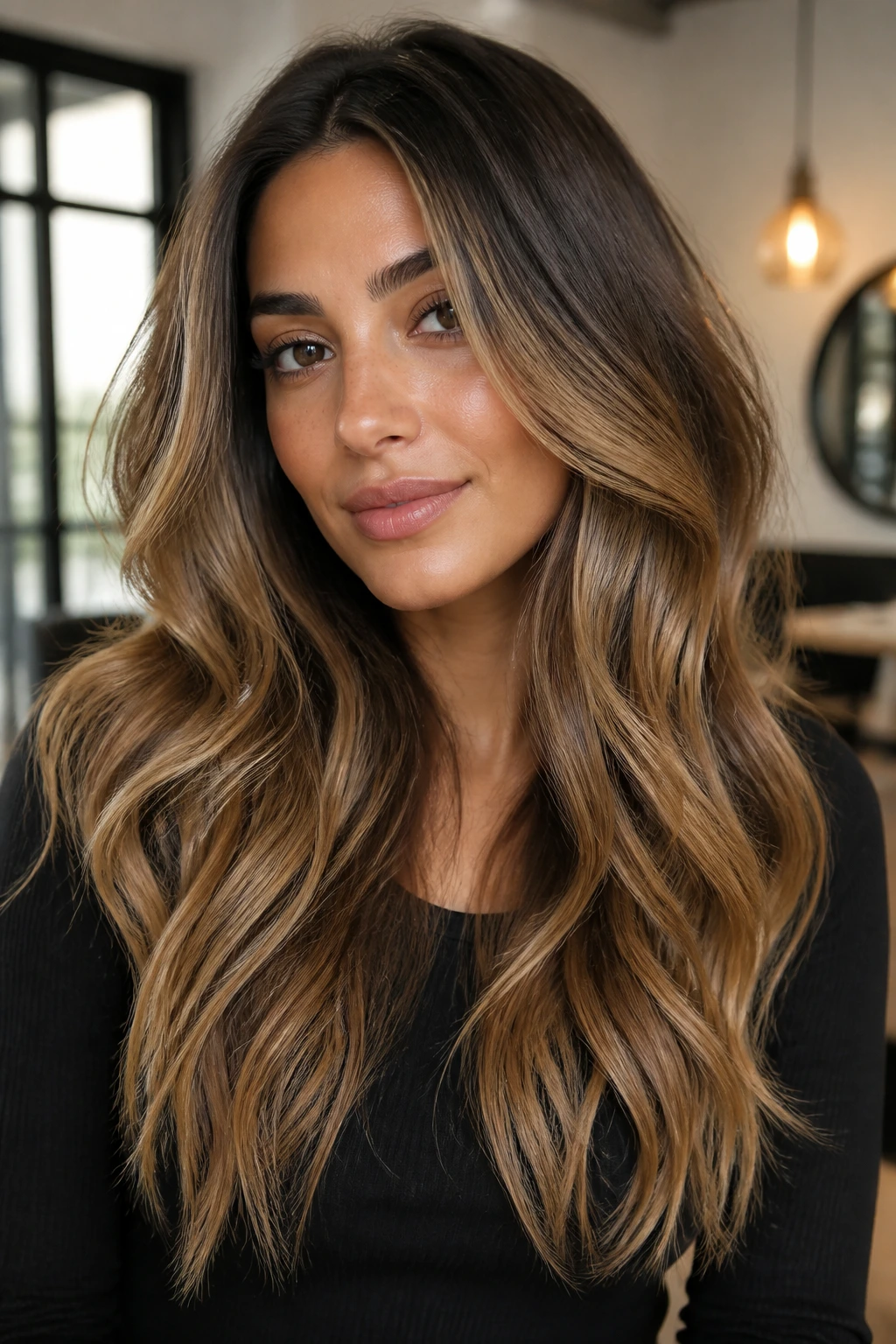Close-up portrait of a real woman with soft honey caramel balayage on olive skin