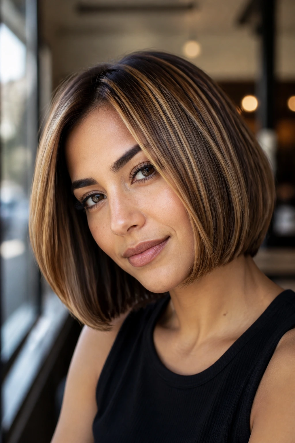 Real woman with honey caramel bob and glossy ribbons on olive skin in bright cafe light