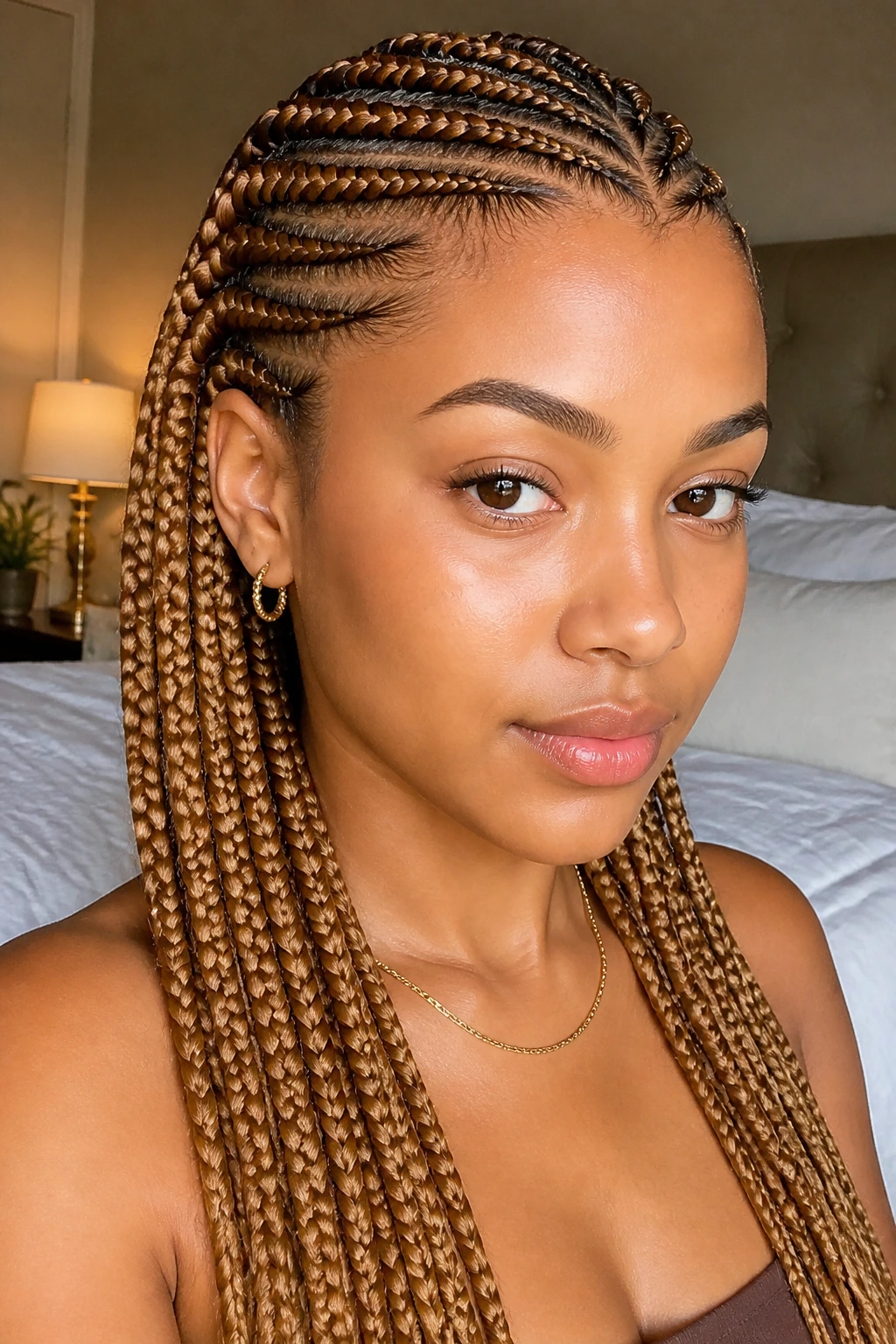 Close-up of a real woman with honey caramel braids in a cozy room.