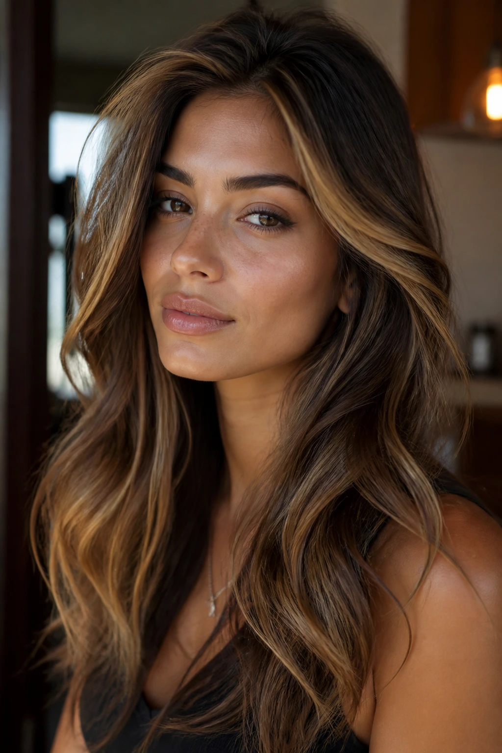 Woman with honey caramel contour highlights close-up