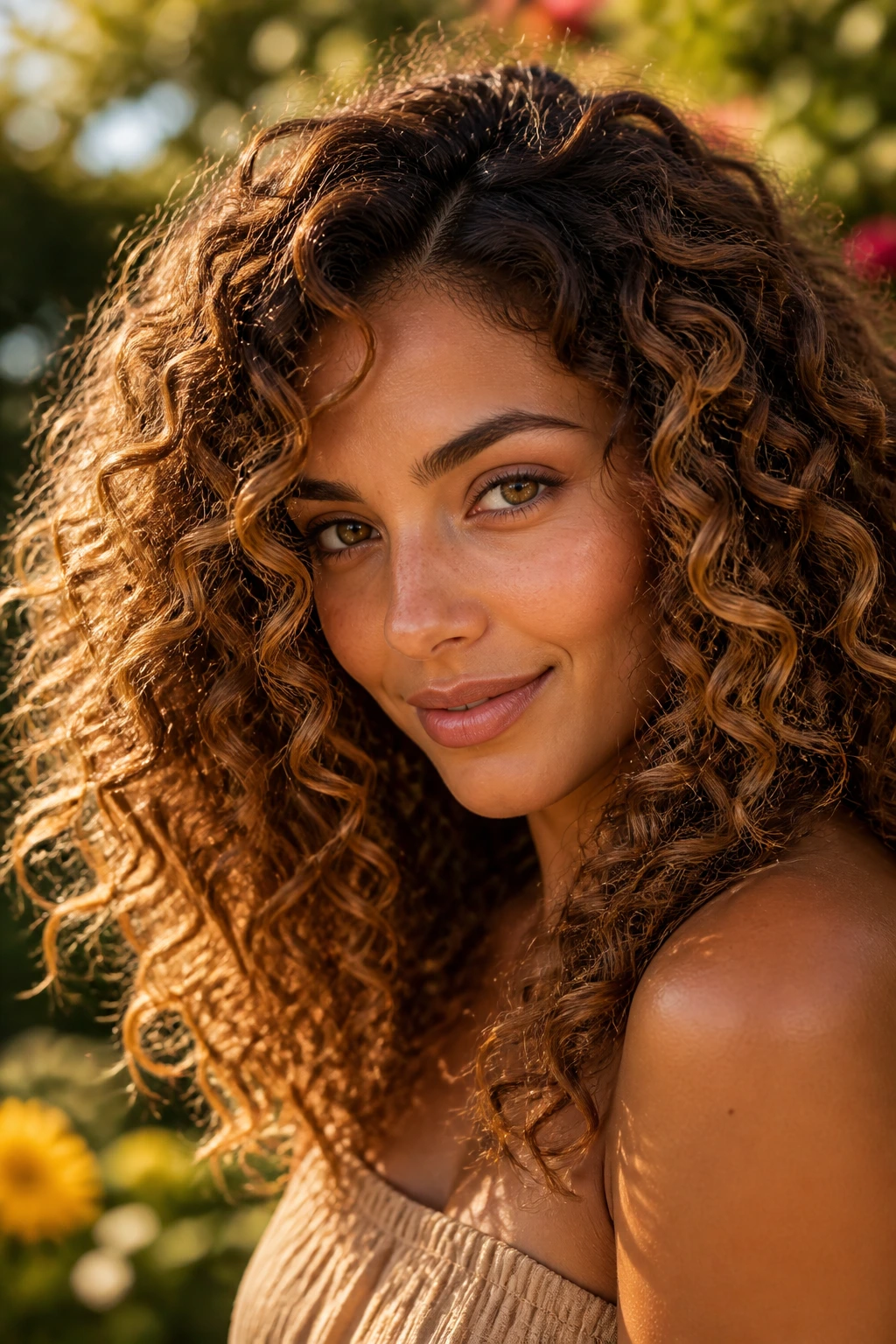 Olive-skinned woman with cinnamon-brushed honey caramel curls in golden hour light