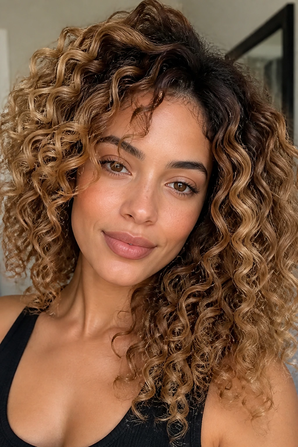 Close-up portrait of a real person with creamy honey caramel curls and a shadow root.