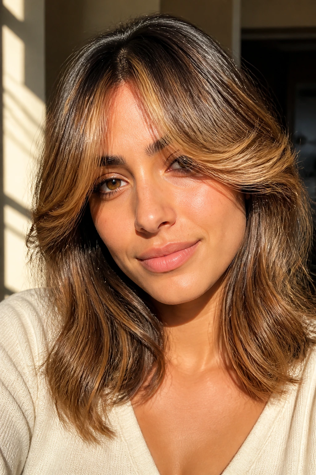 Close-up of a woman with honey caramel curtain bangs in warm sunlight