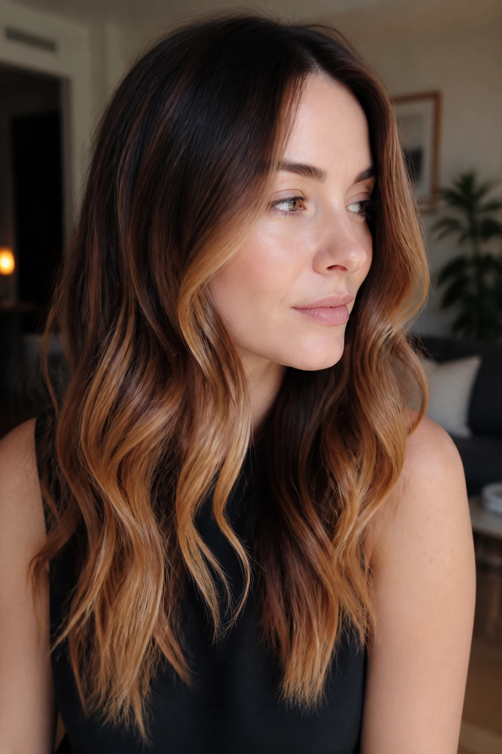Portrait of long hair with honey caramel ends in warm light