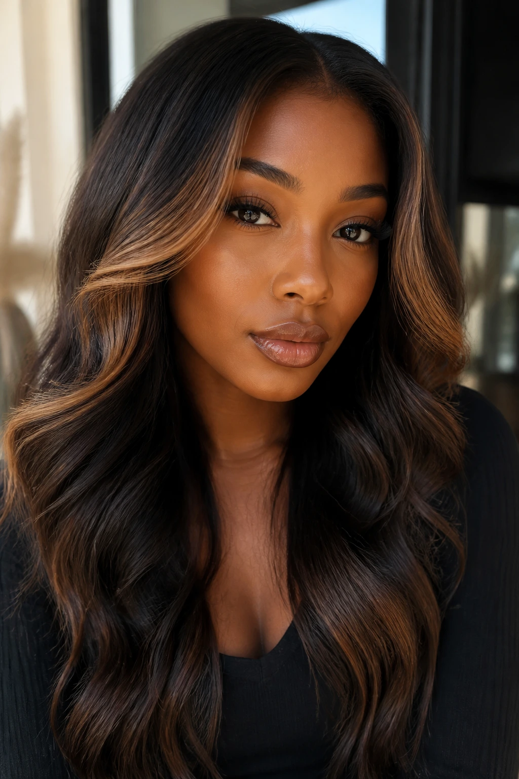 Real woman with honey caramel face-framing lights