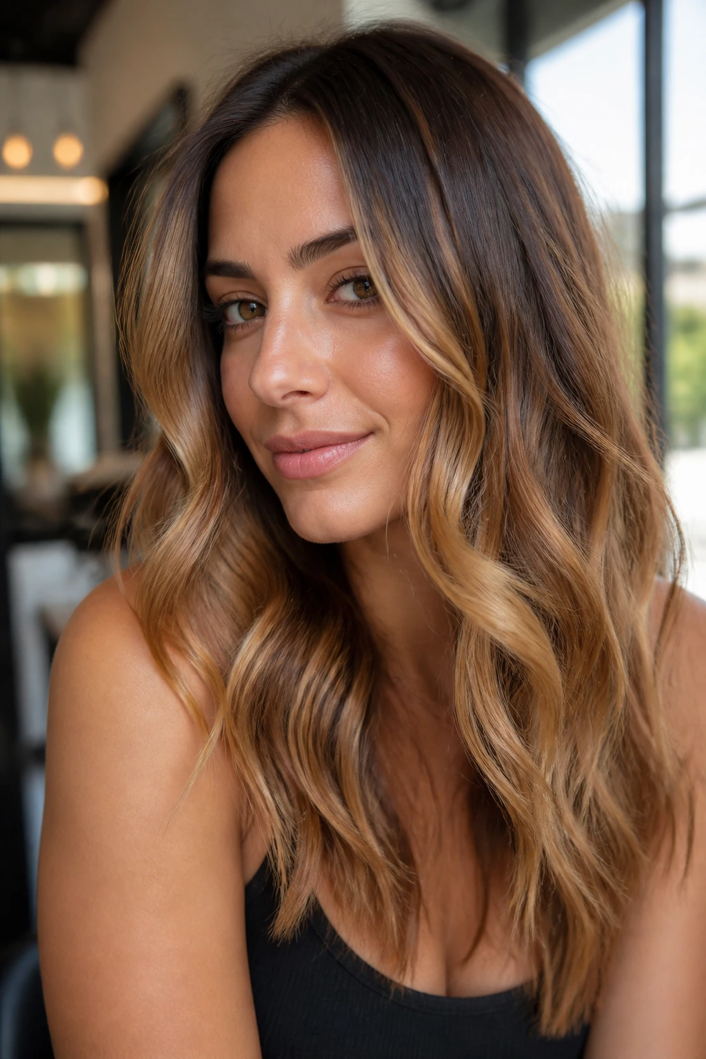Portrait of a real person with honey caramel hair in loose waves under natural light.