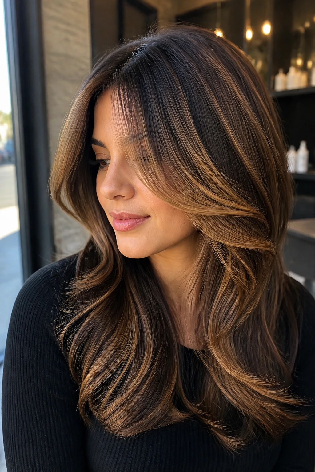 Close-up of a real woman with layered brunette hair and warm honey caramel highlights around the face