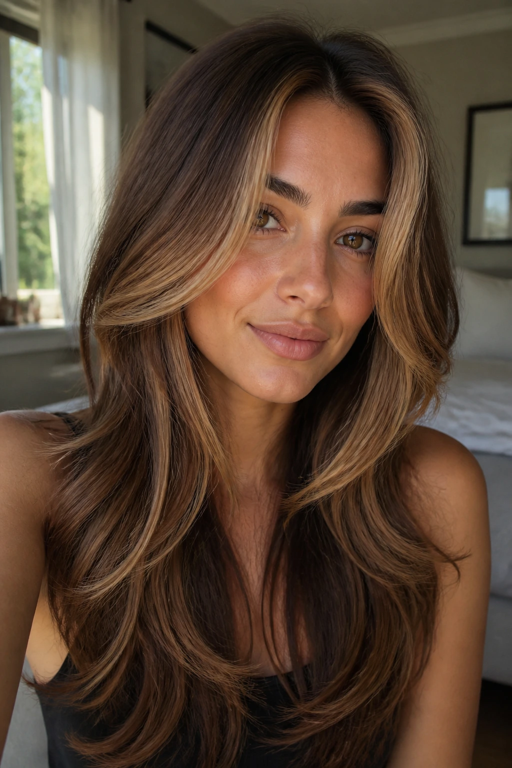 Close-up of honey caramel money piece framing the face on long layered hair