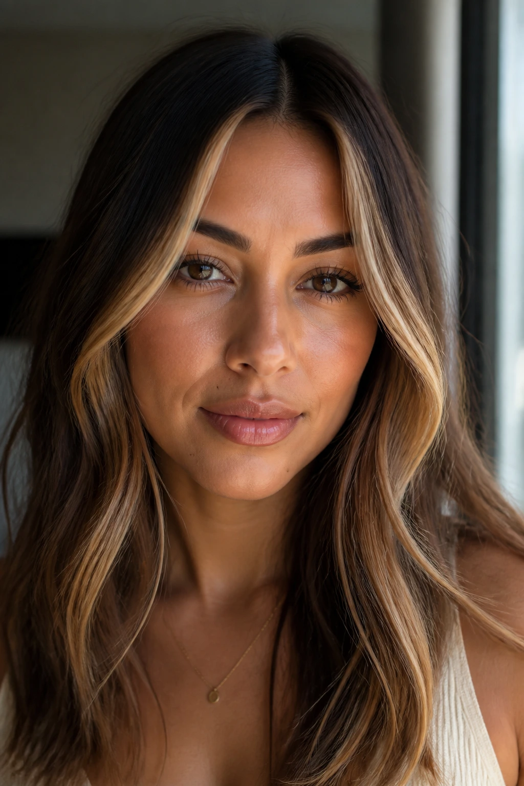 Close-up of a real woman with honey caramel face-framing money piece on olive skin