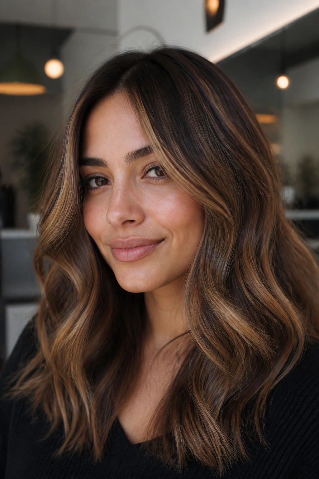 Close-up of honey caramel over a glossy mushroom brown base on olive skin