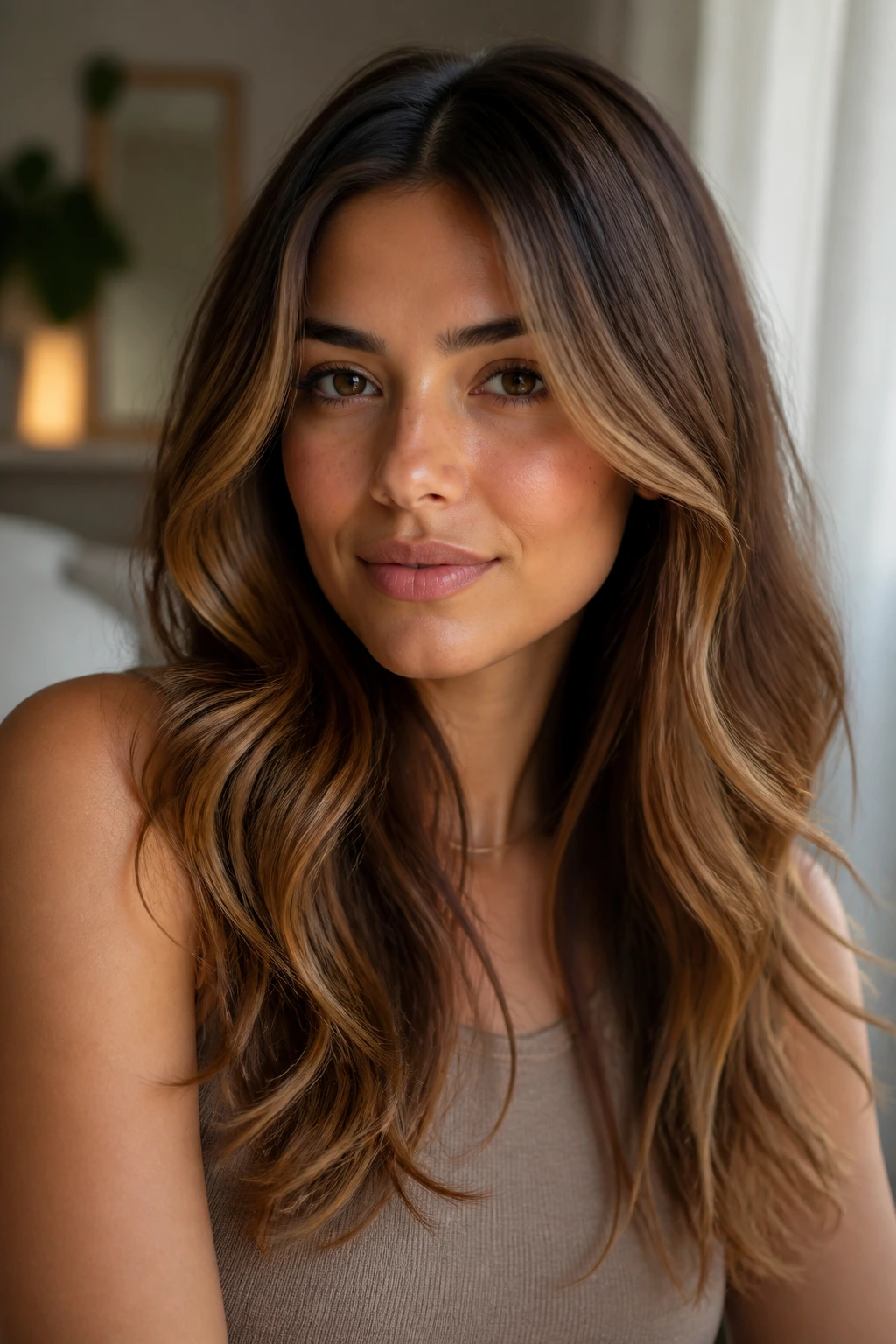 Close-up portrait of a real woman with honey caramel hair on olive skin in warm window light