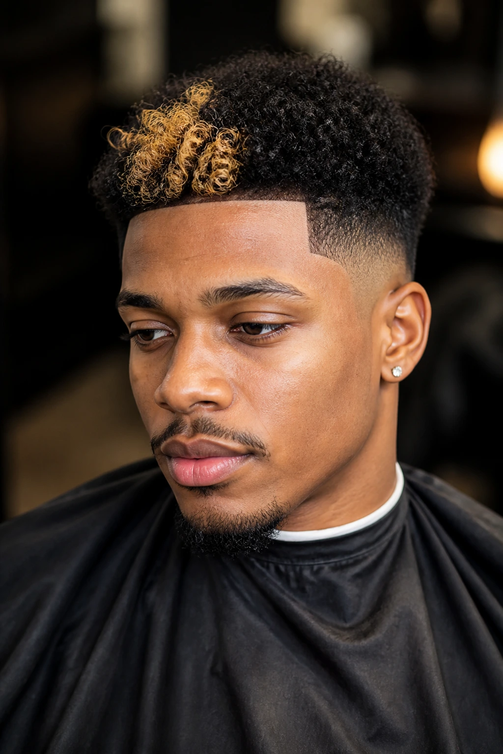 Close-up of honey-toned front panel on dark hair in salon lighting