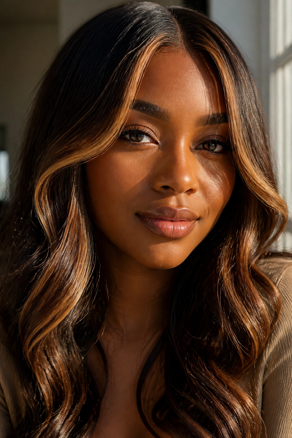 Face-framing honey caramel ribbons around the front hairline on a deep-skinned person