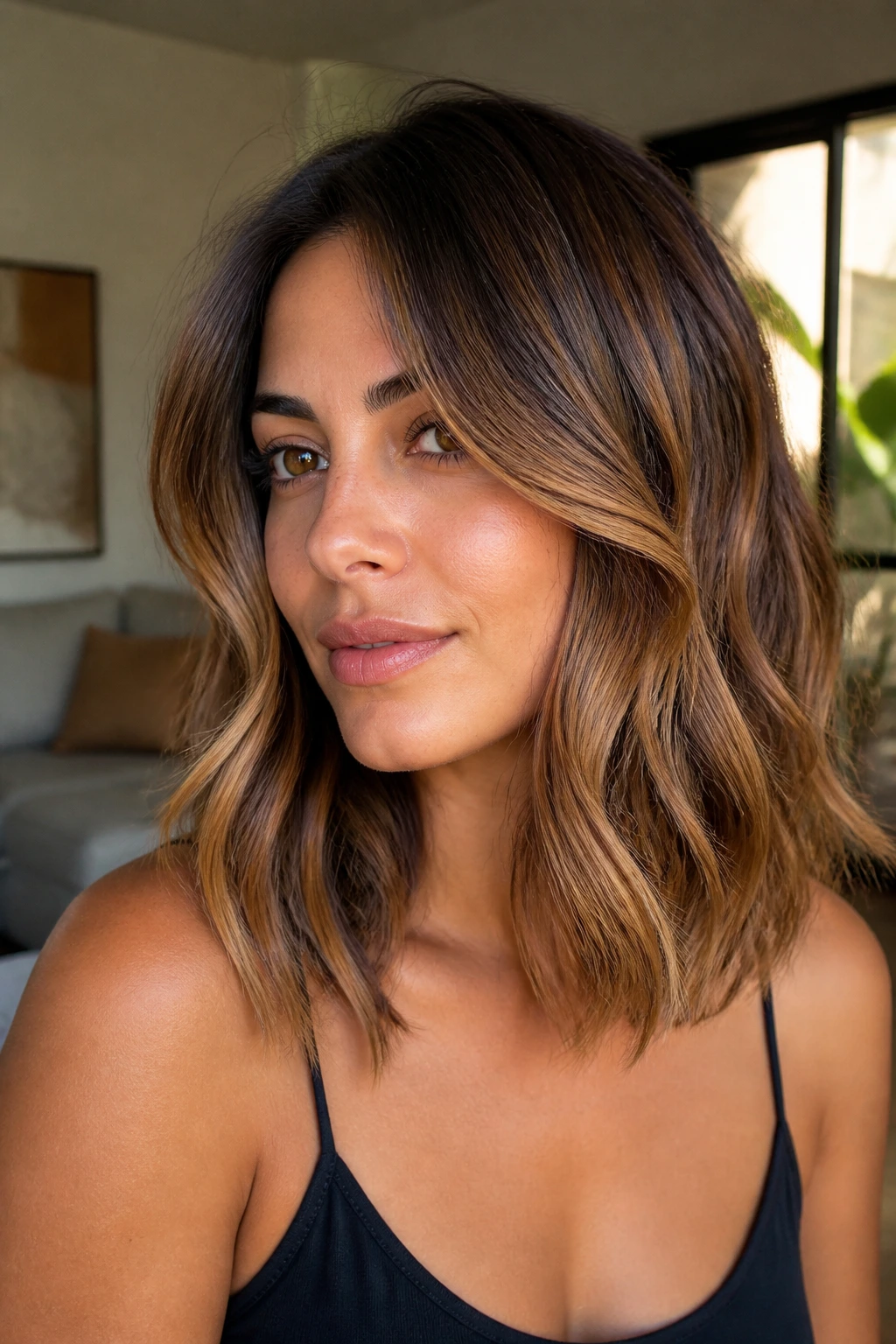 Close-up portrait of a real woman with honey caramel sombre hair and olive skin in warm window light