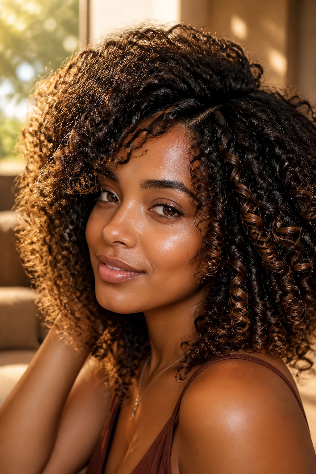 Close-up of deep brown curls with honey and caramel babylights blended into the base