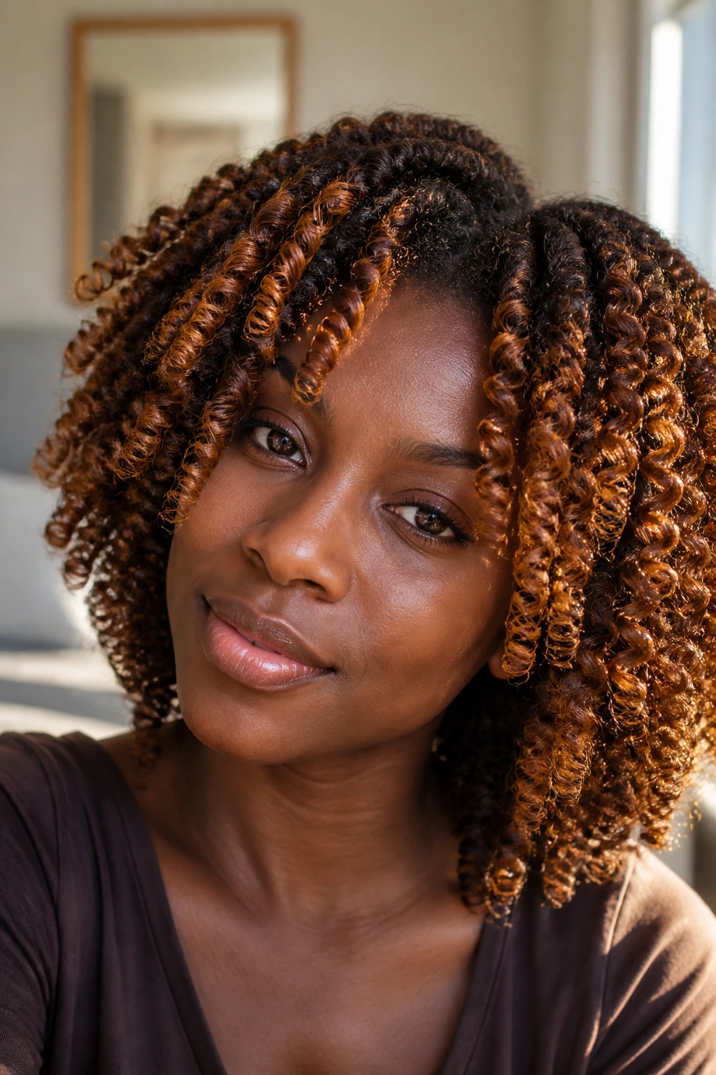 Close-up of a person with honey-caramel twist-out in natural daylight