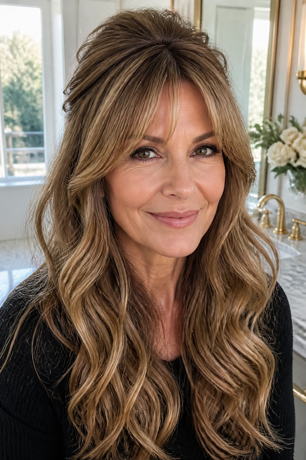 Portrait of a real woman with honey caramel waves and lifted crown, curtain bangs, vanity setting.