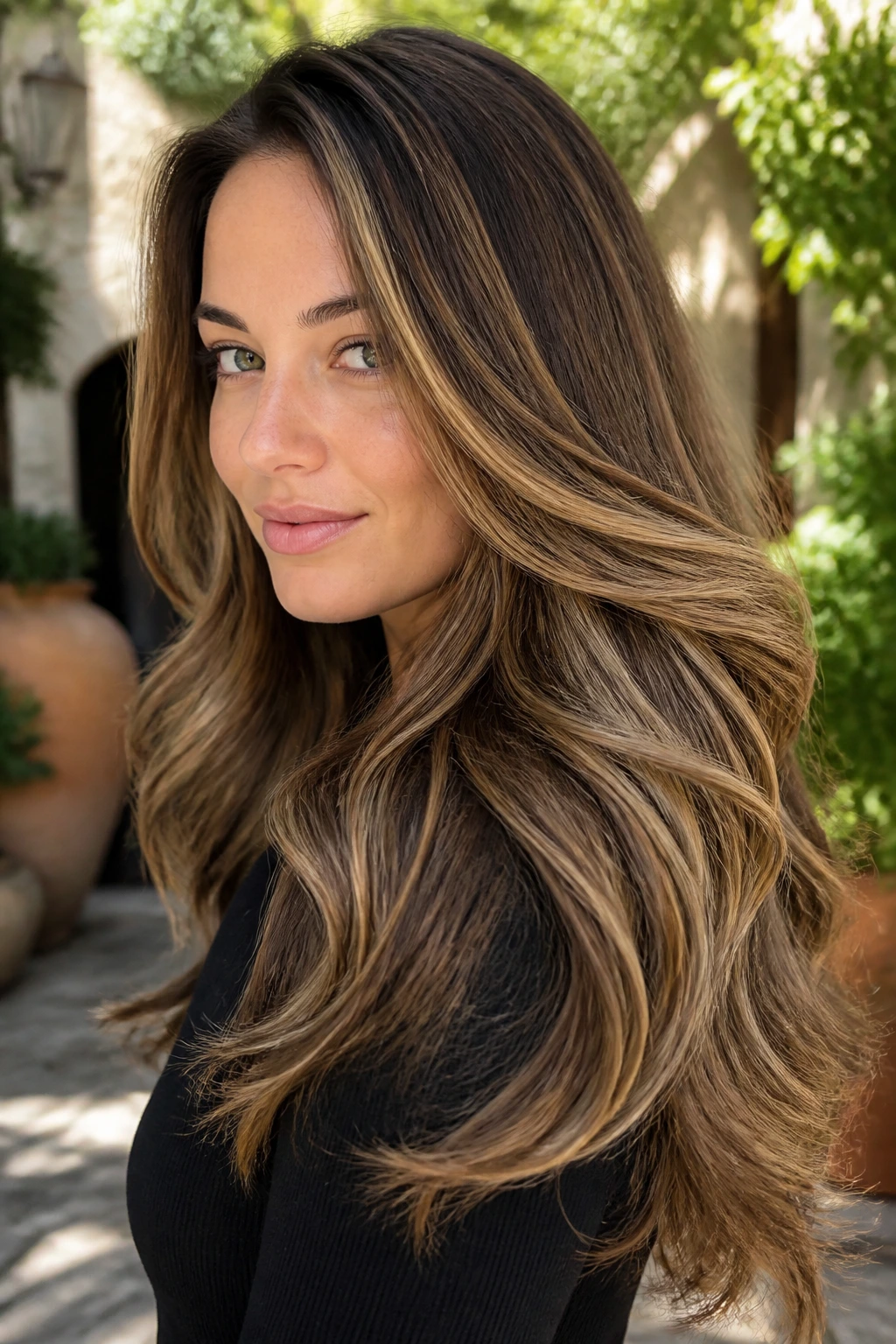 Close-up of thick-haired woman with honey ribbons cascading through length.