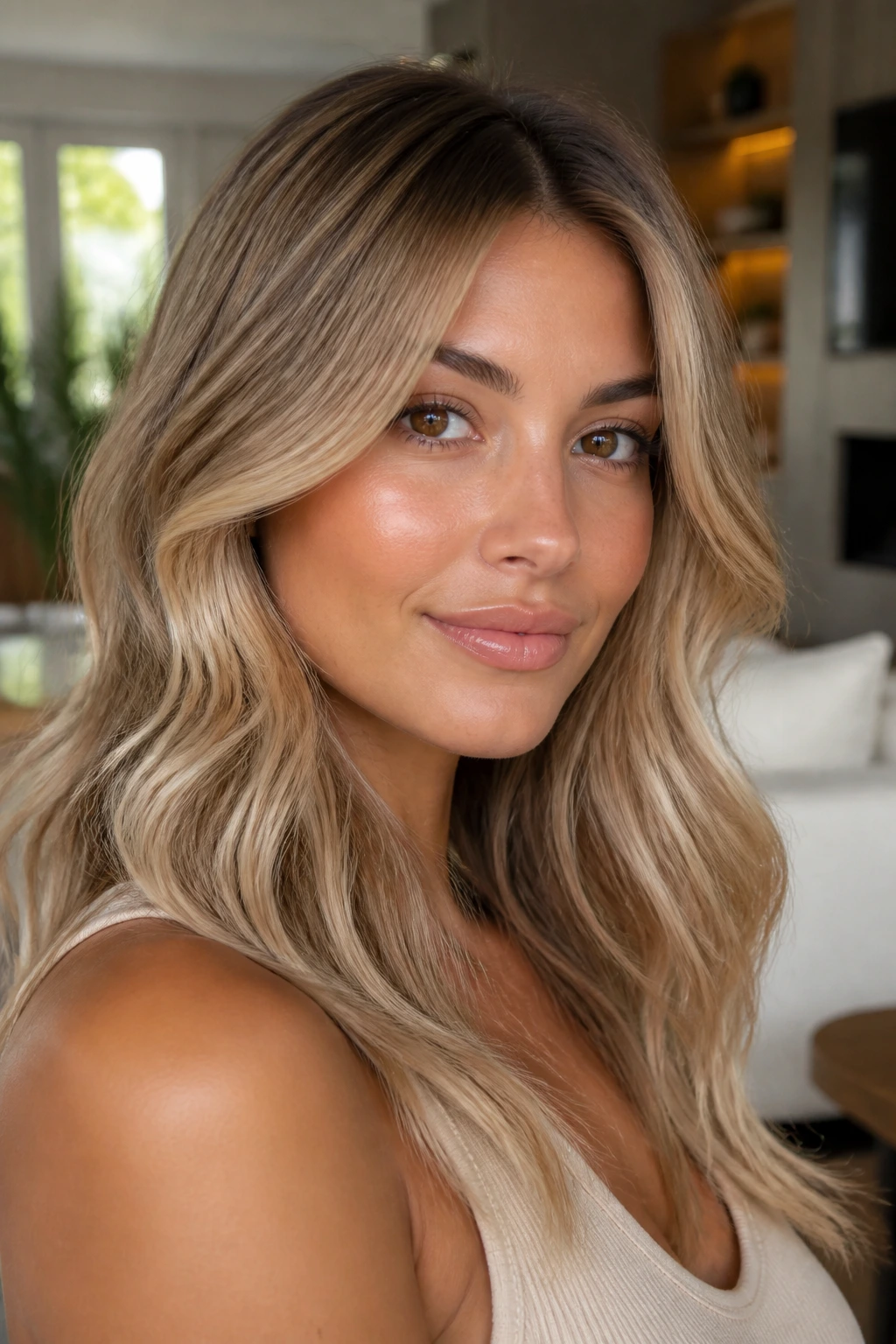 Close-up of honey champagne hair on neutral olive skin