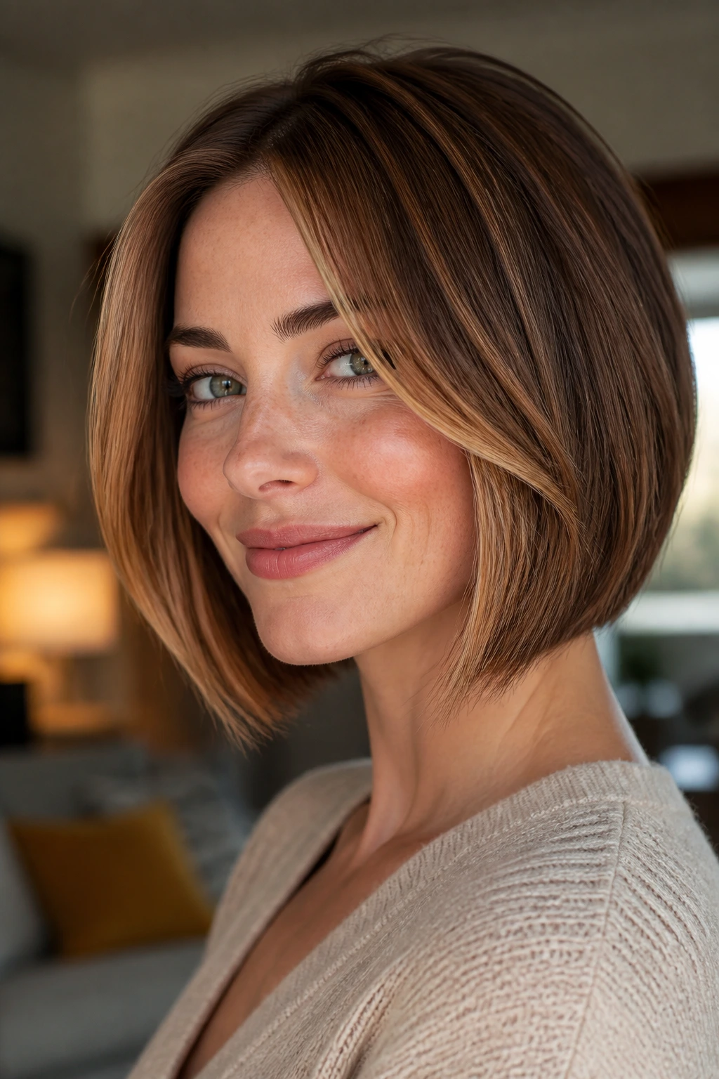 Close-up of a real woman with honey chestnut bob and face-framing slices