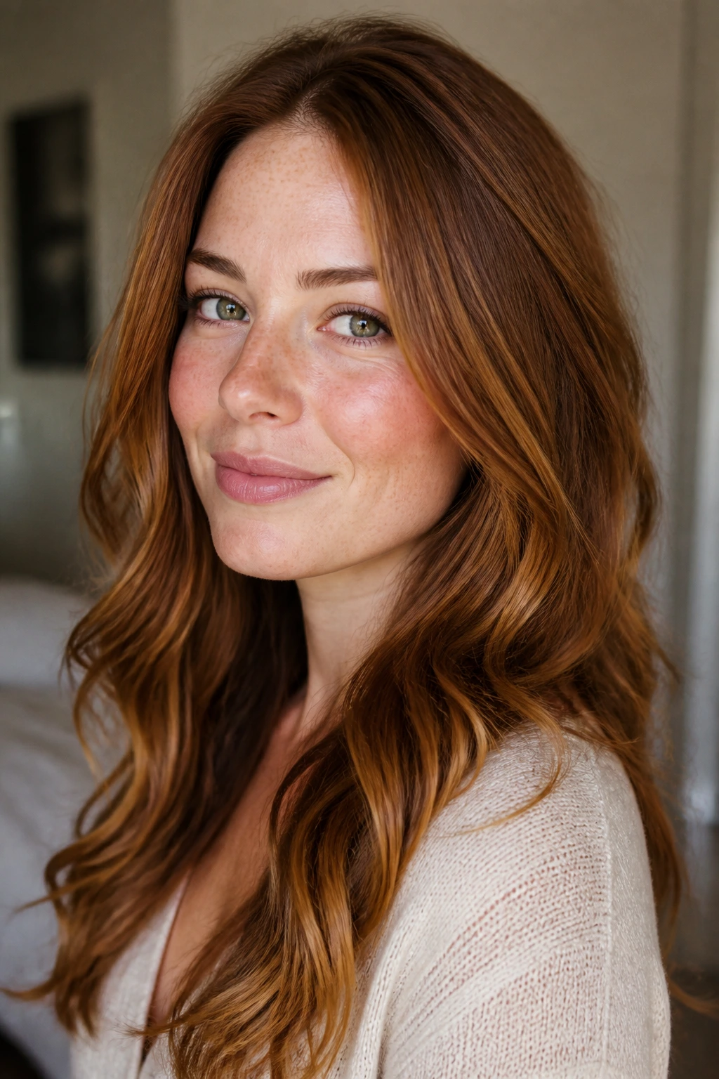 Close-up portrait of a woman with soft honey chestnut hair and rosy freckled skin